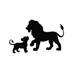 Lion and Lion Cub Silhouette Illustration on White Background Depicting Family, lion playing with cub silhouette vector illustration