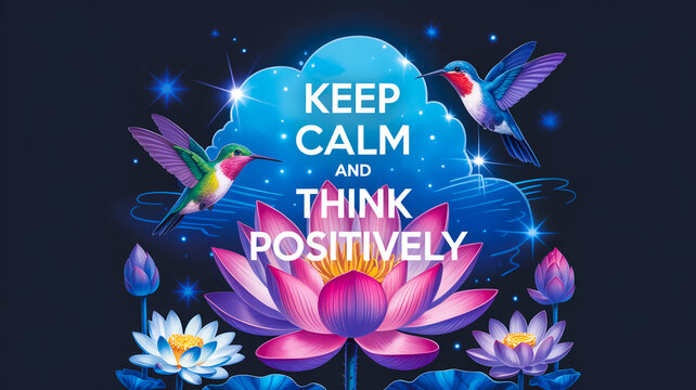 A digital art illustration with a dark blue background featuring a large pink and purple lotus flower in the center