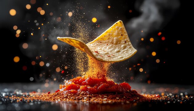 A tortilla chip levitates above a salsa explosion with glowing spice dust and bokeh.