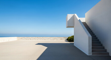 Obraz premium Modern White Architecture with Ocean View and Staircase