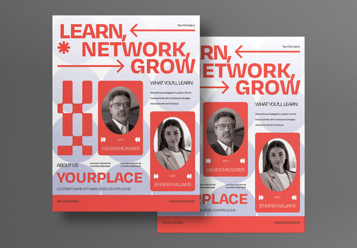 Red Utilitarian Learn, Network, Grow Business Flyer Layout