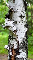 Peeling birch bark curls with white and black layers on standing tree in summer forest