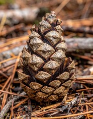 Pine cone scales with visible winged seeds nestled among dry needles on forest floor