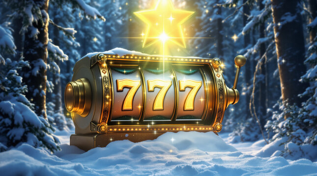 Сhristmas casino online poster: Golden Xmas slot machine with 777 jackpot win in a snowy winter forest under the light of a Christmas star - Holiday online game win concept.