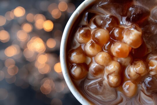 Close-up of a tantalizing cup of bubble tea featuring pearls and creamy brown sugar syrup set against an ethereal background of glowing bokeh lights creating an inviting atmosphere