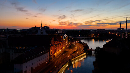 Fototapeta premium old European city city center view from above evening night illumination Wroclaw Poland