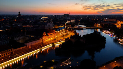 old European city city center view from above evening night illumination Wroclaw Poland