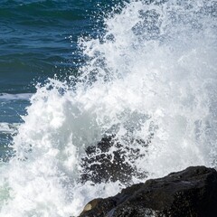 Powerful ocean waves crashing against rocky shore showing natural energy and force