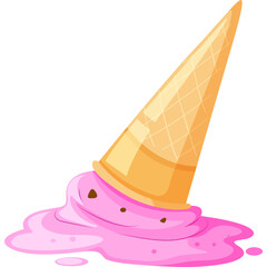 Pink Ice Cream Cone Spilled on Transparent Background Melting and Dripping with Chocolate Sprinkles on a Waffle Cone