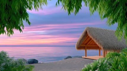 Thatched Roof Hut on Sandy Beach Overlooking Ocean During a Colorful Sunset with Pink and Purple Hues Reflected on the Water and Lush Green Foliage Framing the Scene