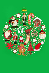 Christmas natural old fashioned bauble shape decoration with Xmas decorations, symbolic snowflakes on green. Festive surreal symbol for the holiday season.