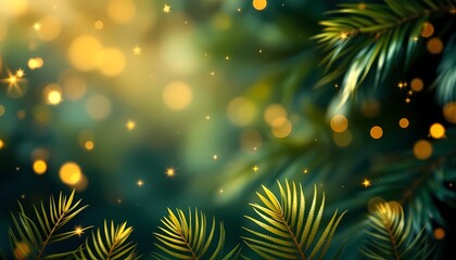 Festive Green Christmas Background with Golden Lights