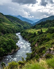River flowing through lush green valley showing power and serenity of nature