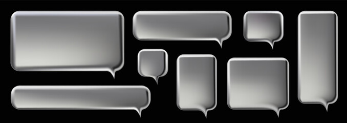 silver speach bubble3d y2k Chrome Speech Bubble set. Realistic vector illustration design. Balloon 3D style of thinking sign symbol. Metal, luxury, glossy, shiny, chat, dialogue, shape template.