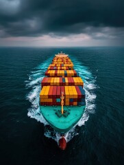 Cargo Ship and Shipping Containers Transporting Freight at Sea