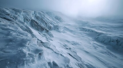 A vast frozen glacial landscape under a misty overcast sky showcasing dramatic ice formations and snow covered slopes
