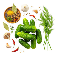 Pickled cucumbers and spices isolated on transparent background, a culinary delight