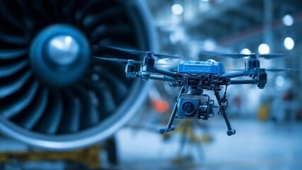 Camera-equipped drone hovering in front of a jet engine inside an aircraft maintenance hangar.