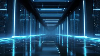 A futuristic data center corridor with rows of server racks and blue neon lighting along the floor and ceiling. - Powered by Adobe
