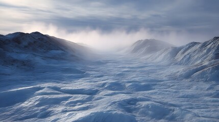 Obraz premium A vast misty Arctic mountain landscape under dramatic clouds evoking a sense of cold frozen wilderness