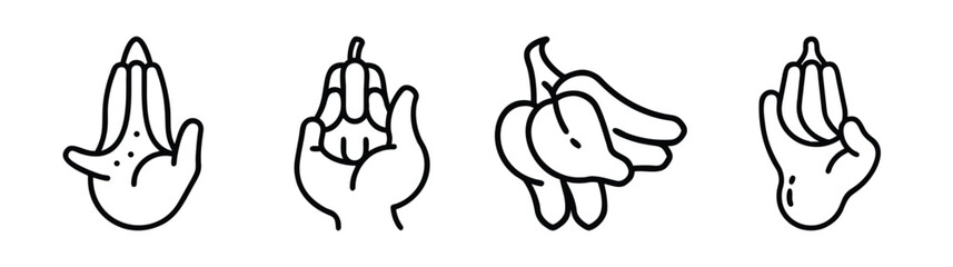 Fototapeta premium Buddha hand gestures and fruit symbols artistic line art collection