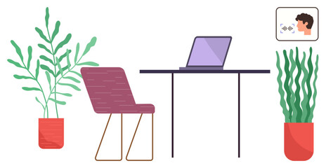 Workspace setup with a laptop on a desk, a modern chair, potted plants, and a small video call screen. Ideal for remote work, productivity, home office, minimalism, focus online meetings simple