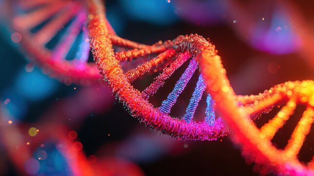 Colorful Dna Double Helix Structure with Vibrant Pink Blue and Orange Highlights in Scientific Illustration