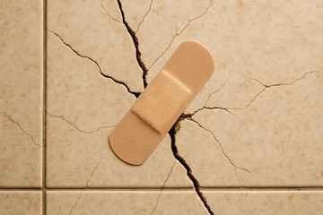 Adhesive bandage covering cracked ceramic tile symbolic concept of fragile repair and healing, damage restoration metaphor, emotional healing resilience concept, recovery symbolism, crisis fix visual 