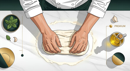 Professional chef kneading dough with fresh basil and olive oil for premium pizza dough in a modern kitchen, promising delicious artisan bread