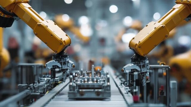Two yellow robotic arms operate over a conveyor belt, assembling a metal component on an automated production line.