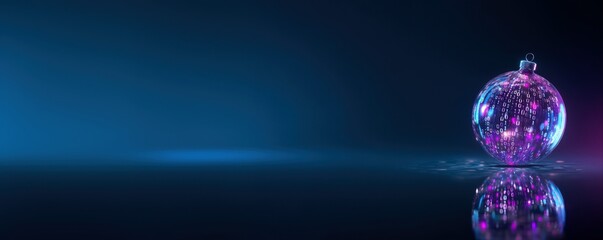 glass Christmas ornament, binary code, glowing neon reflections, dark blue background, banner with copy space, mock up. futuristic holiday, IT business greeting card, digital marketing, New Year event