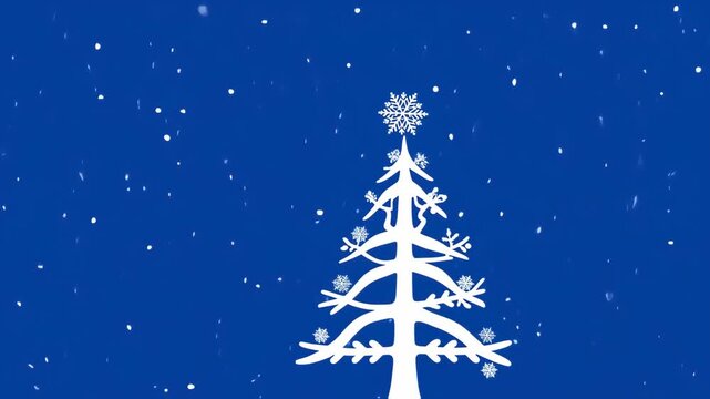 White Christmas Tree Falling Snow Blue Background.
