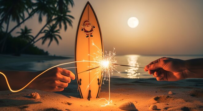 Tropical Christmas celebration with hands holding bright sparklers in front of a Santa-decorated surfboard on a sandy beach at sunset