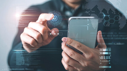 Man uses ai artificial intelligence technology for data analysis and planning