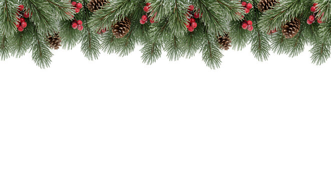 Seamless Christmas Garland Header with Pine Cones and Red Berries