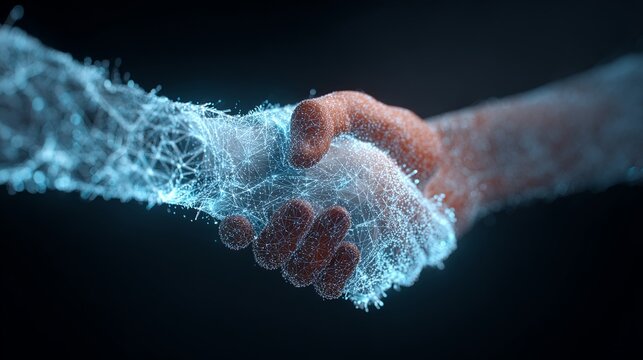 Innovative handshake depicting digital connectivity and partnership in the modern business world, symbolizing trust and collaboration for future growth - Powered by Adobe