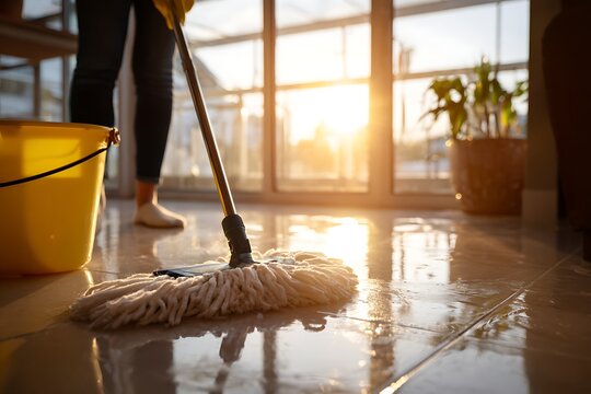 Person mopping floor, cleaning home with sun reflection