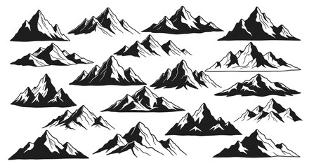 Obraz premium Vintage mountain range vector illustrations, black and white hand drawn peaks set, rustic outdoor adventure design elements isolated on White Background