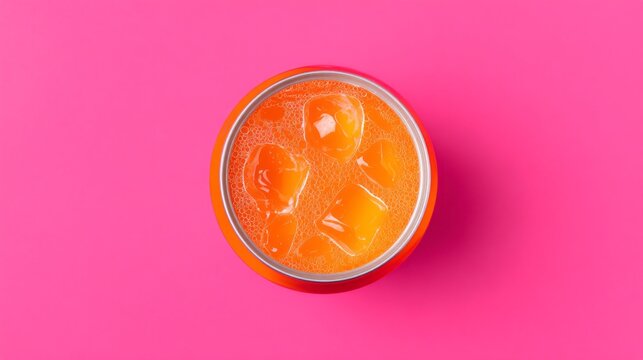 A cold beverage can filled with a bright orange drink sits atop a lively pink background. Ice cubes glisten inside the can, creating a refreshing summer vibe