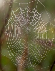 Spider web covered with dew drops creating natural abstract organic texture background