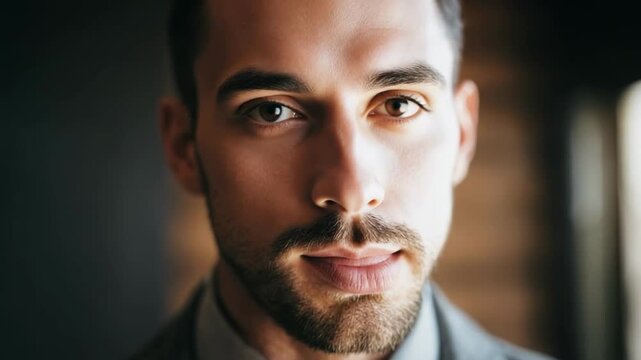 Close-up of a man in a gray suit adjusting his tie, showing his beard and lips.