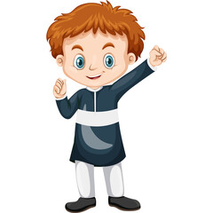 Cartoon illustration of a happy young boy with brown hair and blue eyes wearing a dark blue kurta with a white stripe and white pants with a transparent background