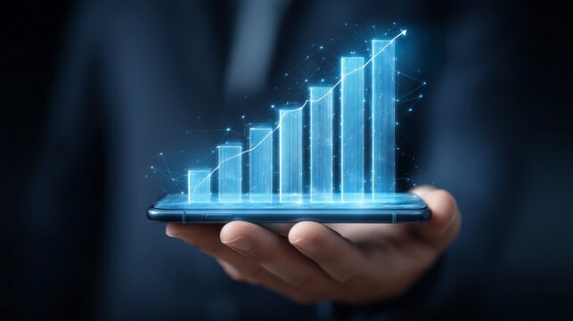A person holds a smartphone displaying a vibrant digital graph, symbolizing financial growth and successful business strategies. This scene highlights the integration of technology in finance