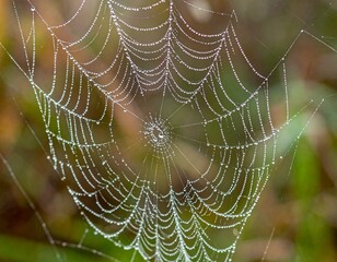 Spider web covered with dew drops creating natural abstract organic texture background