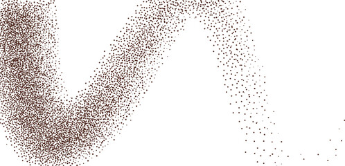 Coffee grounded gradients fly curved shape. Grainy texture splash wavy long textured element. Dotwork dark brown seed form. Vector gritty wavy line. Grunge cooking figure. © Syuzann q