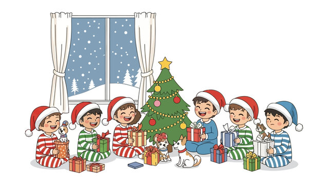 Christmas Cheer Unveiled: Children revel in the enchantment of Christmas morning, surrounded by gifts and the festive glow of a decorated tree, their faces beaming with holiday delight.