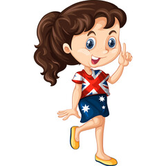 Cartoon Young Girl With Brown Hair And Freckles Wearing Australian Flag T Shirt And Skirt With Yellow Shoes Smiling And Pointing Finger Up In A Fun Pose