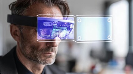 A man wearing augmented reality glasses with a glowing blue holographic display projected in front of his eyes. - Powered by Adobe