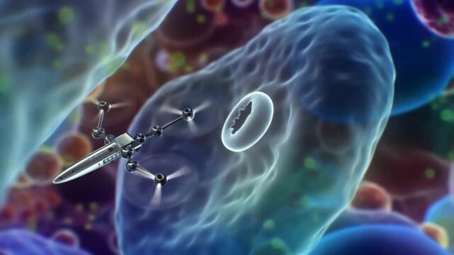 Medical nanobot navigating human body cells, Tiny drone performing cellular diagnostics, Futuristic nanotechnology in healthtech