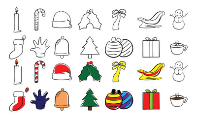 Hand Drawn Christmas Icons Set — Color and Line Art Doodle Style for Holiday and Winter Design